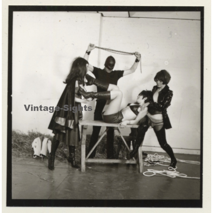 2 Mistresses & Masked Latex Master Tie Semi Nude Maid*7 / BDSM (Vintage Contact Sheet Photo 1970s)