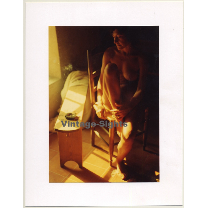 R.Folco: Pensive Nude Female On Chair / Sunlight (Vintage Photo France 1980s)