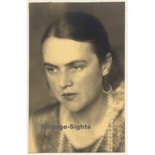 Portrait Of Young Female / Earrings - Pear Necklace (Vintage RPPC Belgium ~1920s/1930s)