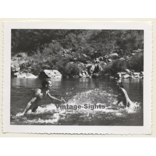 Nude Couple Spray Each Other With Water / Nudism (Vintage Photo ~1960s)