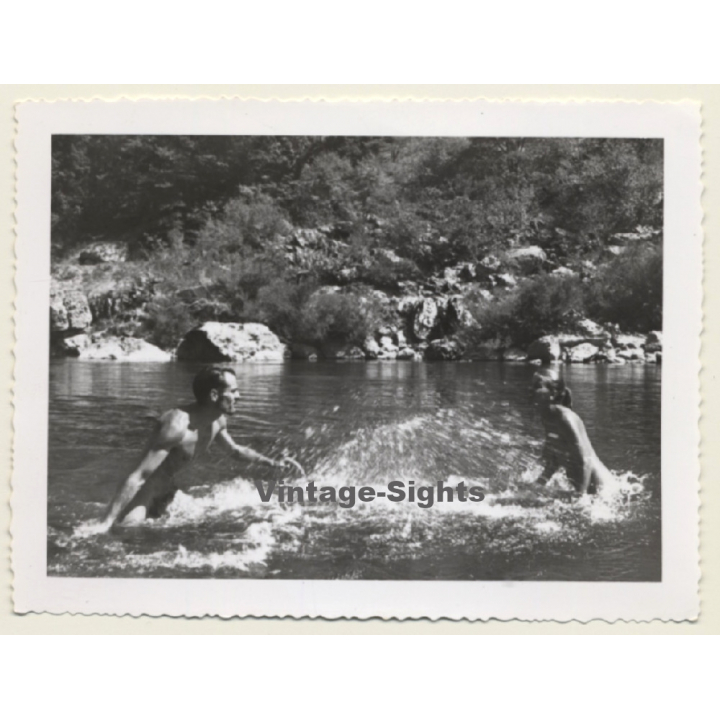 Nude Couple Spray Each Other With Water / Nudism (Vintage Photo ~1960s)