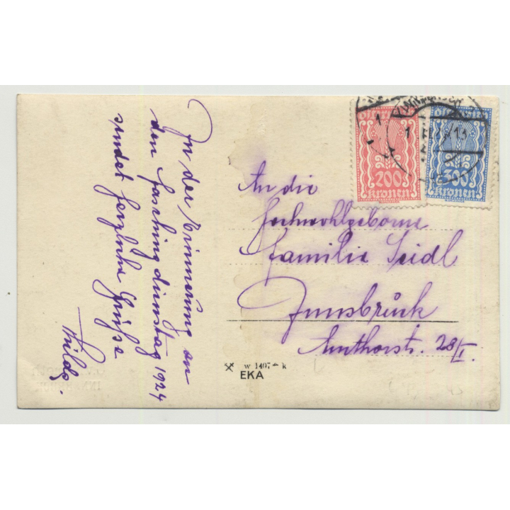 Woman In White Dress Admires Teddy Bear (Vintage Photo PC 1924)