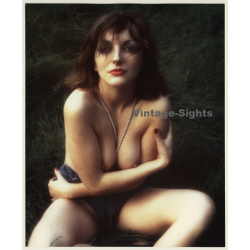 Semi Nude Brunette In Hot Pants*2 / Pearl Necklace - Outdoors (Large Vintage Photo 1980s)