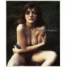 Semi Nude Brunette In Hot Pants*2 / Pearl Necklace - Outdoors (Large Vintage Photo 1980s)
