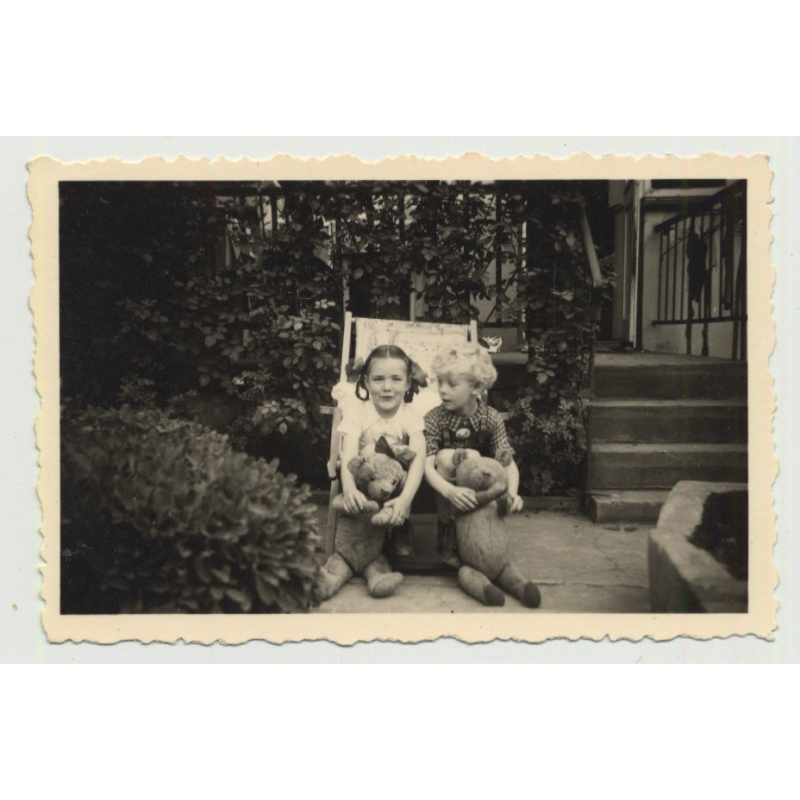 Woman In White Dress Admires Teddy Bear (Vintage Photo PC 1924)
