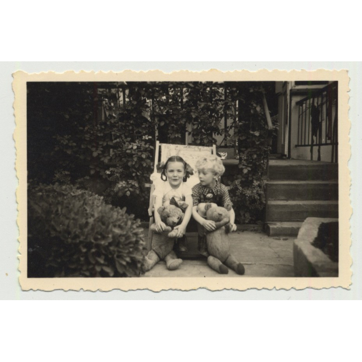 Woman In White Dress Admires Teddy Bear (Vintage Photo PC 1924)