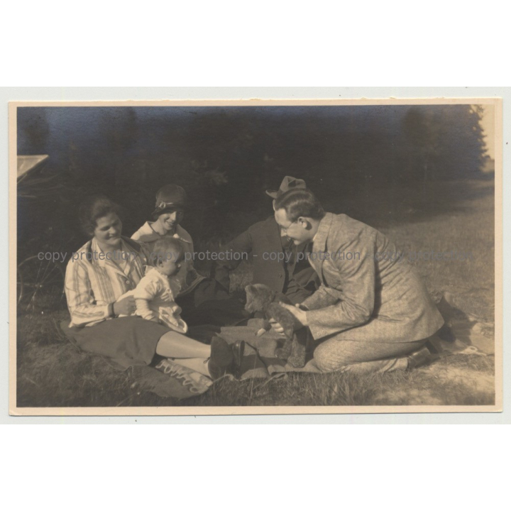 Little Boy Gets His 1. Teddy Bear At Family Picnic (Vintage Gelatin Silver Photo)