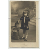Little Girl In Sunday Costume Poses W. Stuffed Dog  (Vintage Real Photo PC)
