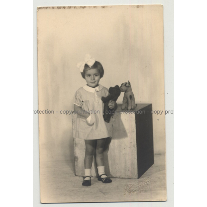 Sweet Girl W. Teddy Bear & Stuffed Dog (Vintage Real Photo PC 20s/30s)