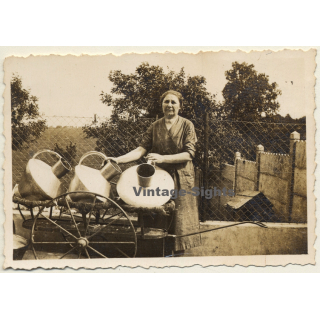 Belgium: Older Female & Milk Cans On Dray*2 / Dairy Farmer (Vintage Photo 1930s)