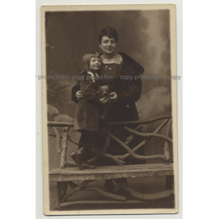 Mother & Daughter Together W. Teddy Bear (Vintage Real Photo PC 20s/30s)