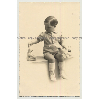 Well Dressed Baby Girl W. Toy & Teddy Bear (Vintage Photo 1920s/30s)
