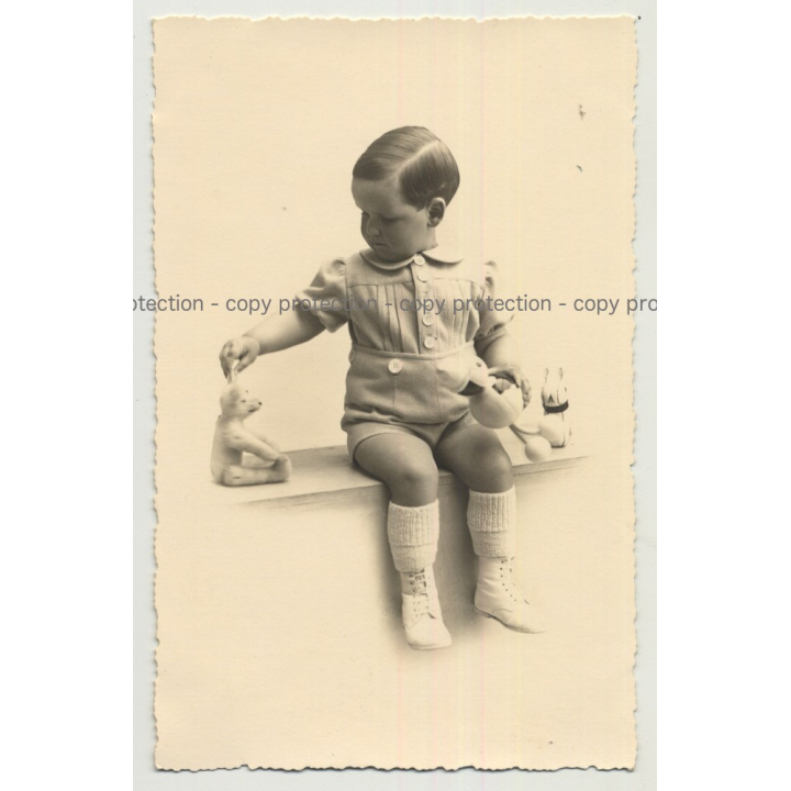 Well Dressed Baby Girl W. Toy & Teddy Bear (Vintage Photo 1920s/30s)