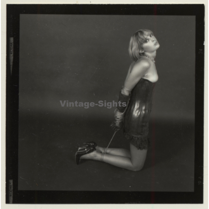 Slim Blonde Semi Nude In Lacquer Bodice*3 / Hogtie - BDSM (Vintage Contact Sheet Photo 1970s)