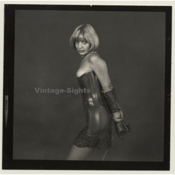 Slim Blonde Semi Nude In Lacquer Bodice*4 / Bondage - BDSM (Vintage Contact Sheet Photo 1970s)