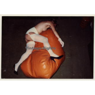 Funny Take Of Nude Female On Bean Bag / Nylons (Vintage Photo Germany ~1980s)