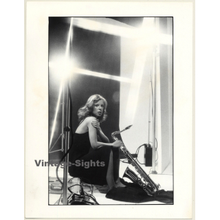 Slim Blonde Female Model With Saxophone (Vintage Fashion Photo: Wolfgang Klein 1980s DIN A4+)