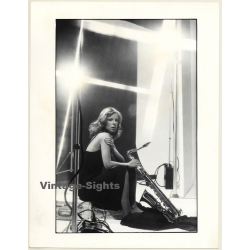 Slim Blonde Female Model With Saxophone (Vintage Fashion Photo: Wolfgang Klein 1980s DIN A4+)