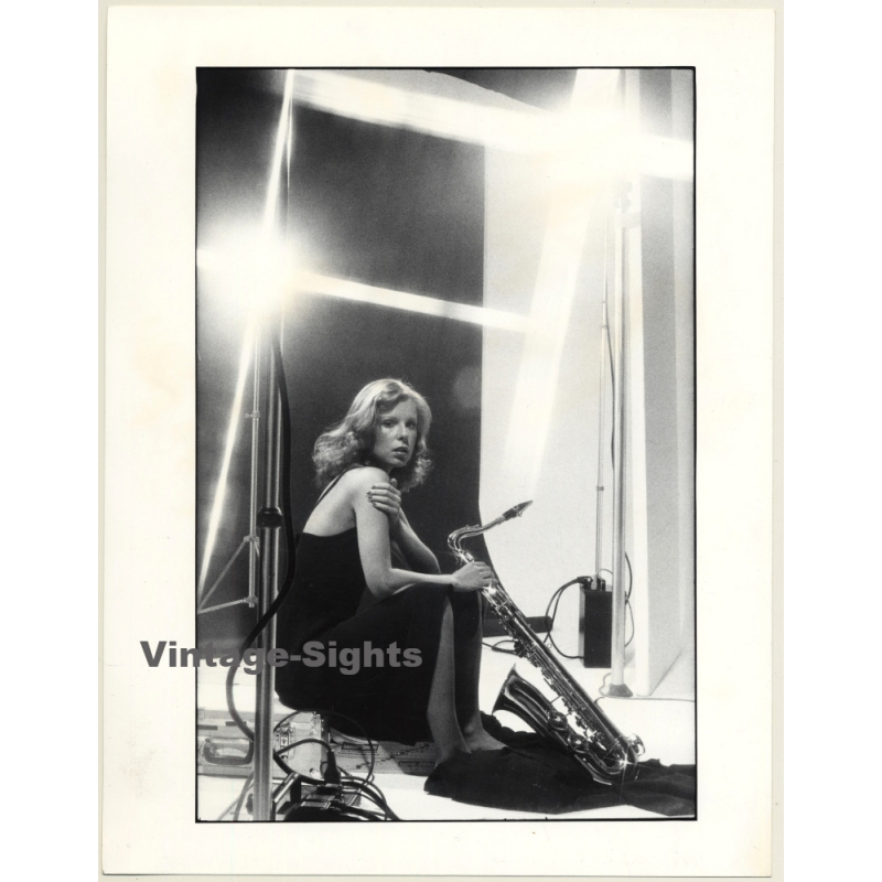 Slim Blonde Female Model With Saxophone (Vintage Fashion Photo: Wolfgang Klein 1980s DIN A4+)
