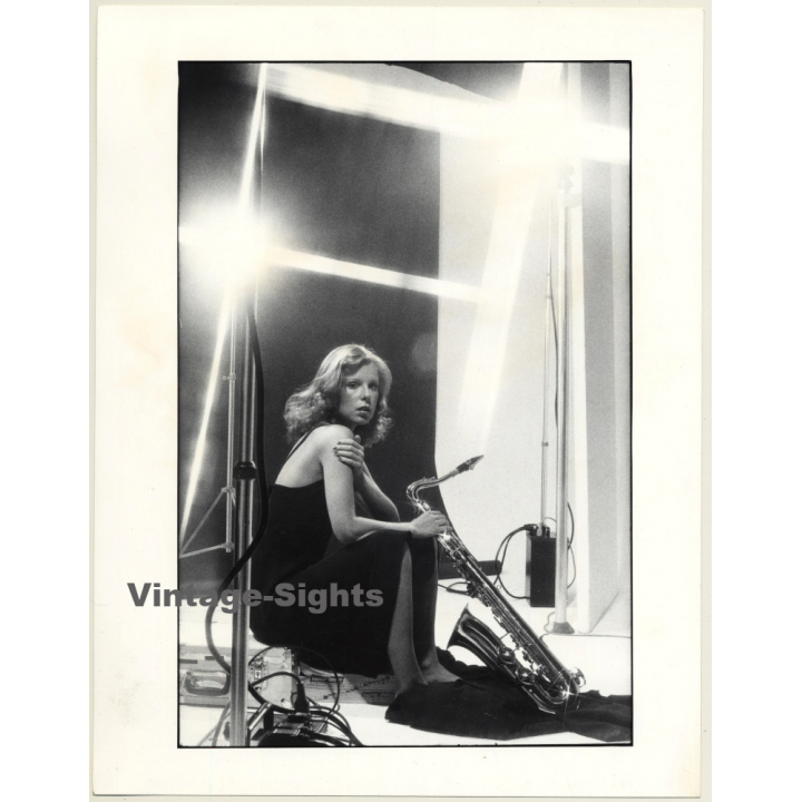 Slim Blonde Female Model With Saxophone (Vintage Fashion Photo: Wolfgang Klein 1980s DIN A4+)