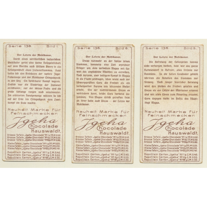 J.Geha Chocolade Serie 136: Der Letzte Mohikaner x 3 (Sammelbilder / Vintage Trading Cards )