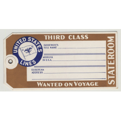 United States Lines - Third Class (Vintage Luggage Tag / Label)