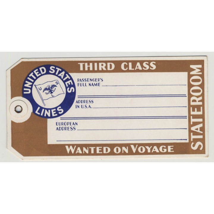 United States Lines - Third Class (Vintage Luggage Tag / Label)
