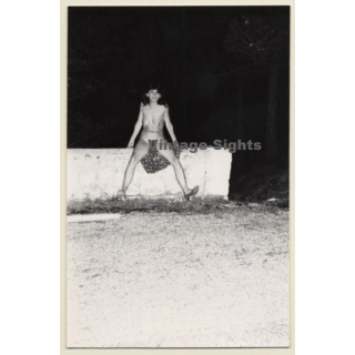 Natural Brunette Nude Sitting On Wall Outdoors (Vintage Photo France ~1980s)