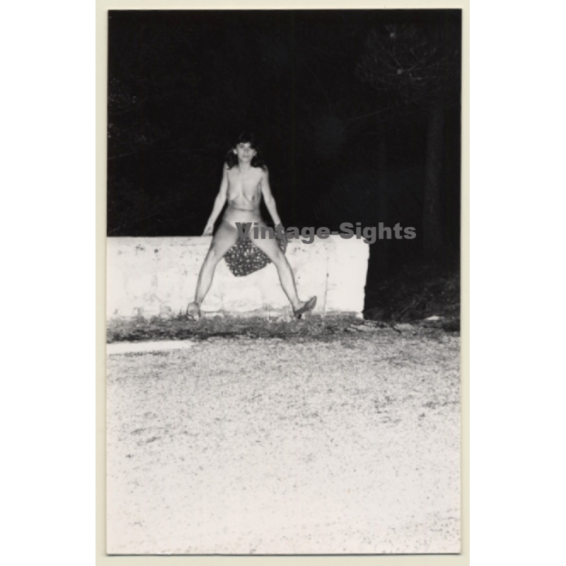 Natural Brunette Nude Sitting On Wall Outdoors (Vintage Photo France ~1980s)