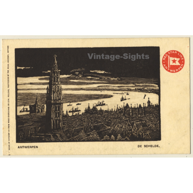 Red Star Line Antwerpen: De Schelde / Wood Engraving (Vintage PC ~1910s)