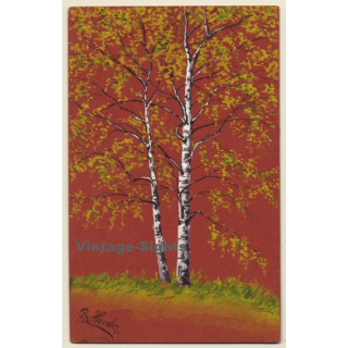 R. Hauber: Birch Forest (Vintage Hand Painted Artist PC ~1900s)