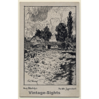 Nach Ubbelohde: Village With Bridge (Vintage Hand Painted Artist PC 1922)