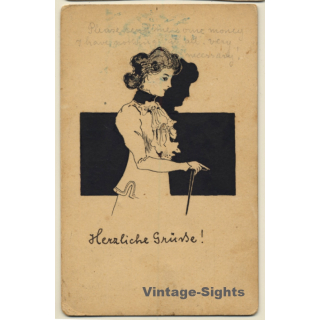 Elegant Lady With Walking Stick (Vintage Hand Painted Artist PC 1900s)