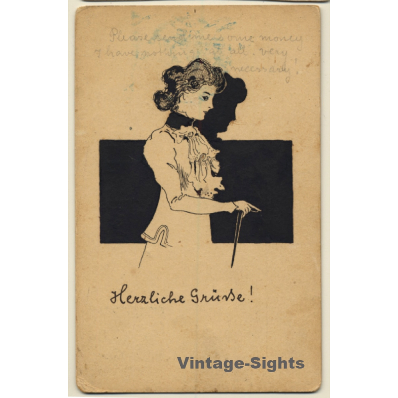 Elegant Lady With Walking Stick (Vintage Hand Painted Artist PC 1900s)