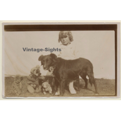 Little Baby Girl With Dog & Teddy Bears (Vintage Photo Sepia ~1920s)