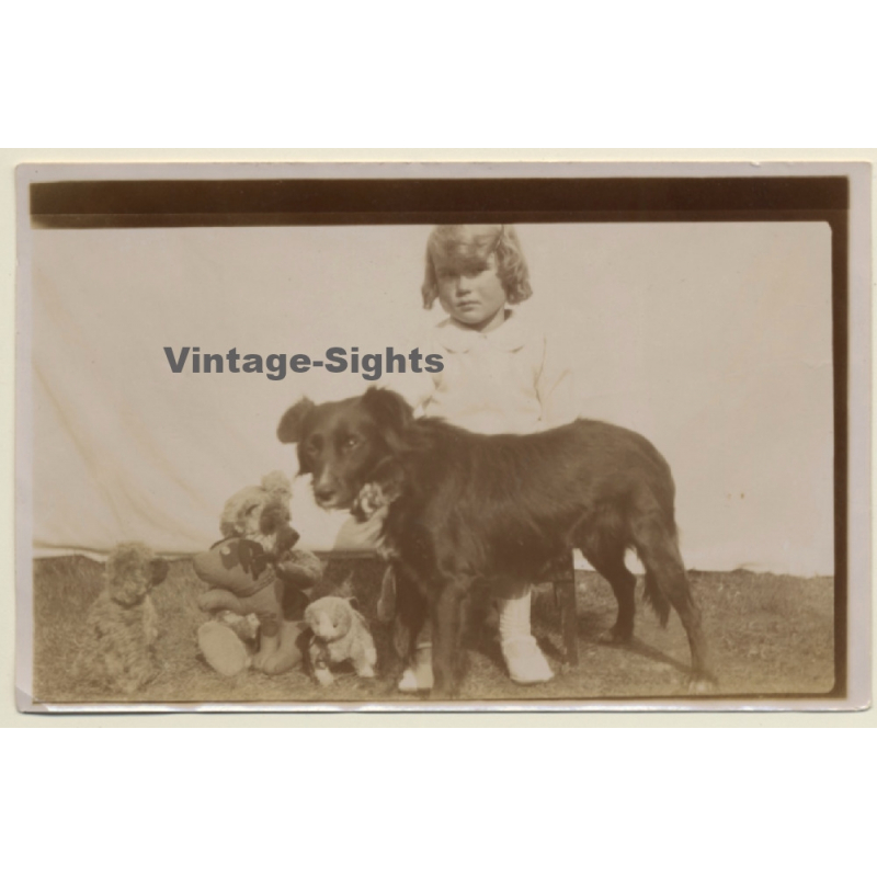 Little Baby Girl With Dog & Teddy Bears (Vintage Photo Sepia ~1920s)