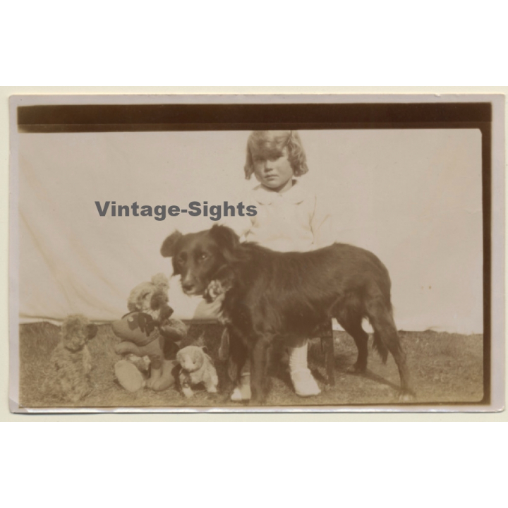 Little Baby Girl With Dog & Teddy Bears (Vintage Photo Sepia ~1920s)