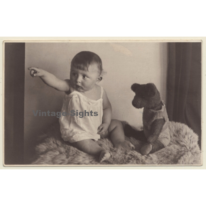 Little Baby Girl With Her Teddy Bear (Vintage RPPC ~1910s/1920s)