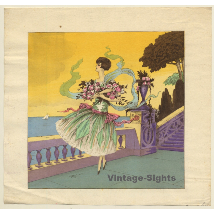 Reine: Elegant Woman On Seaside Terrace (Vintage Art Nouveau Print ~1920s/1930s)