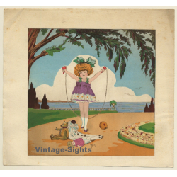 Reine: Little Girl Skipping / Teddy Bear - White Clown (Vintage Art Nouveau Print ~1920s/1930s)