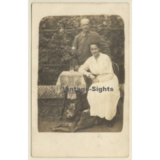 German Soldier & Wife With German Shepherd (Vintage RPPC ~1910s/1920s)