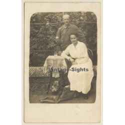 German Soldier & Wife With German Shepherd (Vintage RPPC ~1910s/1920s)