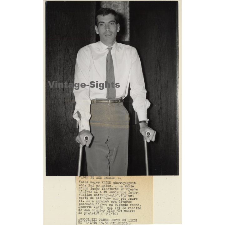 Roger Vadim On Crutches After Ski Accident (Vintage Press Photo 1960)