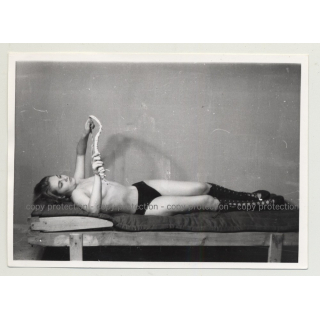 Topless Blonde On Rack Inspects Whip - Lacquer Boots (Vintage Photo B/W BDSM 1964)