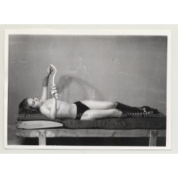 Topless Blonde On Rack Inspects Whip - Lacquer Boots (Vintage Photo B/W BDSM 1964)