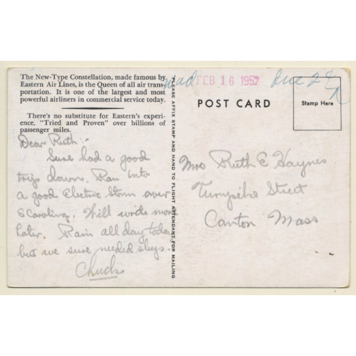 Eastern Air Lines: New Type Constellation / Aviation (Vintage PC 1957