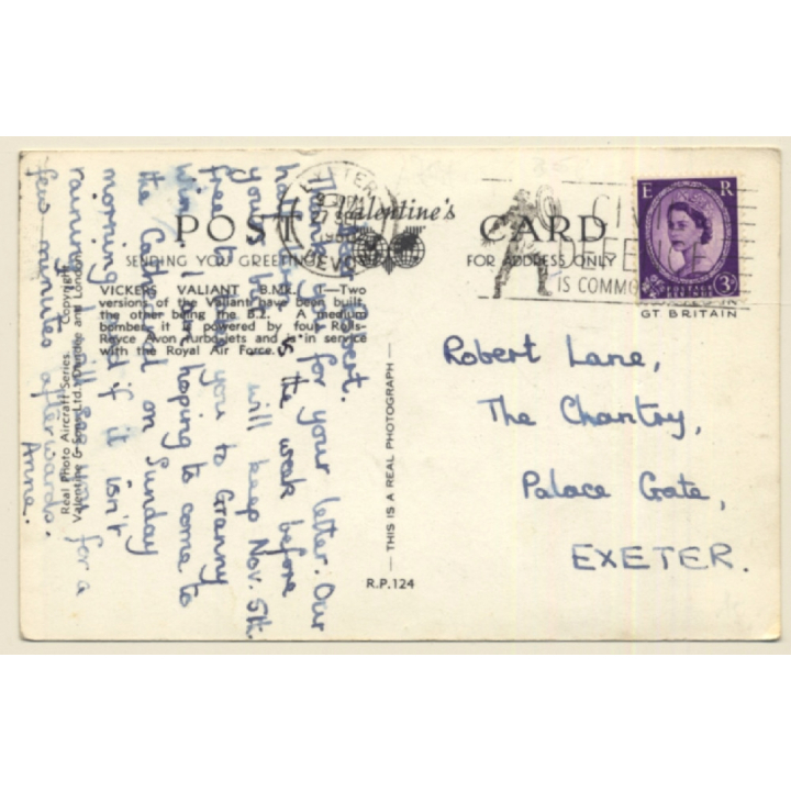 Vickers Valiant Bomber Airplane / Aviation (Vintage RPPC 1960)