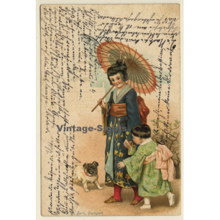 Geisha With Daughter & Pug / Kimono - Mops - Dog (Vintage PC 1901)