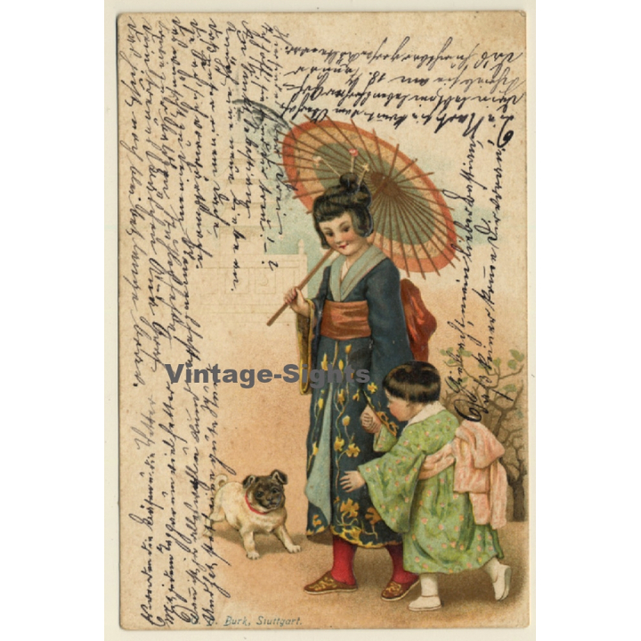 Geisha With Daughter & Pug / Kimono - Mops - Dog (Vintage PC 1901)