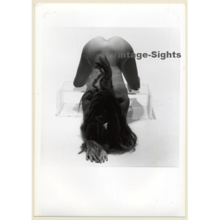 Artistic Nude Study: Longhaired Blonde On Plexiglass Table*3 (Vintage Photo France B/W ~1980s)